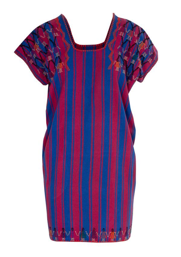 Pippa Holt Kaftan No.295 Single Panel Mini Kaftan In Blue And Dark Red Stripe With Mustard Design