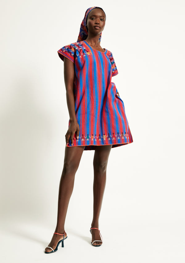 pippa holt Kaftan No.295 Single panel mini kaftan in blue and dark red stripe with mustard design