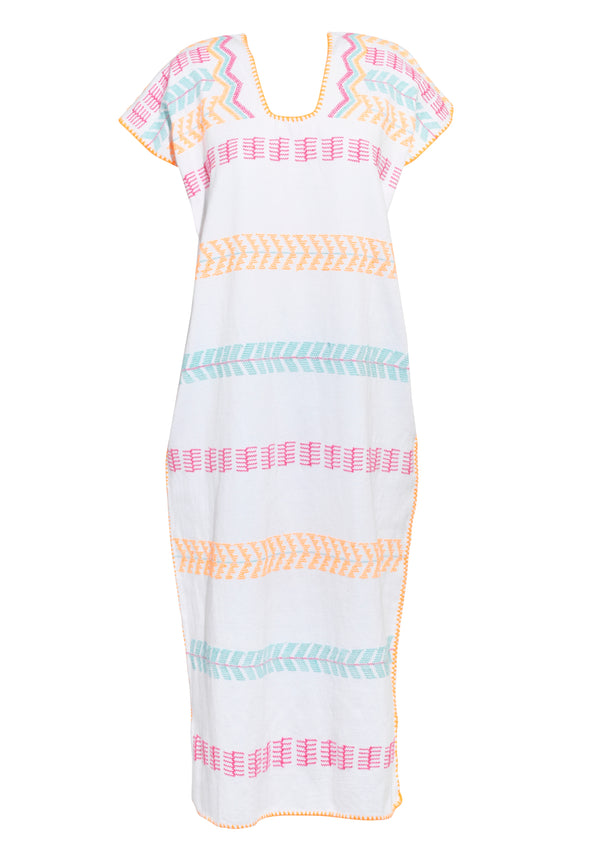 pippa holt Kaftan No.296 Single panel midi kaftan in white with neon multicoulered design