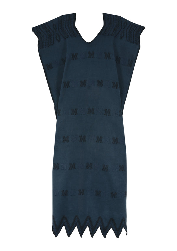 Pippa Holt Kaftan No.298 Single Panel Midi Kaftan In Navy With Black Design And Zig Zag Hem