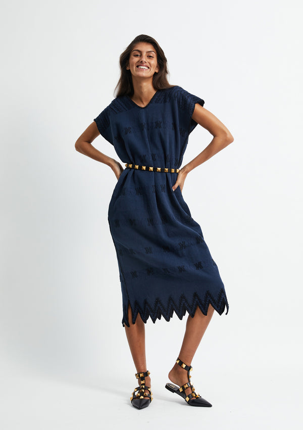 pippa holt Kaftan No.298 Single panel midi kaftan in navy with black design and zig zag hem
