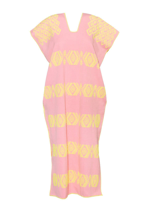 Pippa Holt Kaftan No.304 Single Panel Midi Kaftan In Pink With Yellow Design
