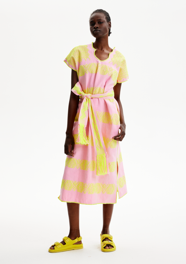 pippa holt Kaftan No.304 Single panel midi kaftan in pink with yellow design