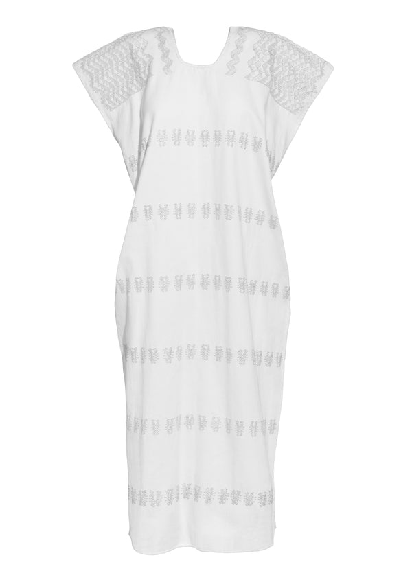 pippa holt Kaftan No.310 Single panel midi kaftan in white with silver metallic design