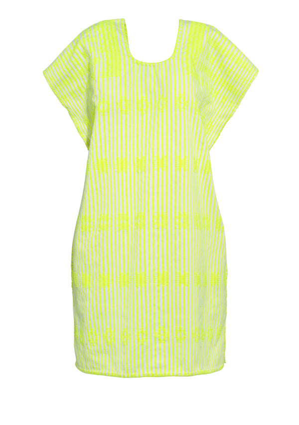 Pippa Holt Kaftan No.311 Single Panel Mini Kaftan In Neon Yellow And White Stripe With Neon Yellow Design