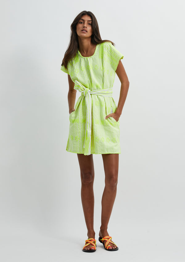 pippa holt Kaftan No.311 Single panel mini kaftan in neon yellow and white stripe with neon yellow design
