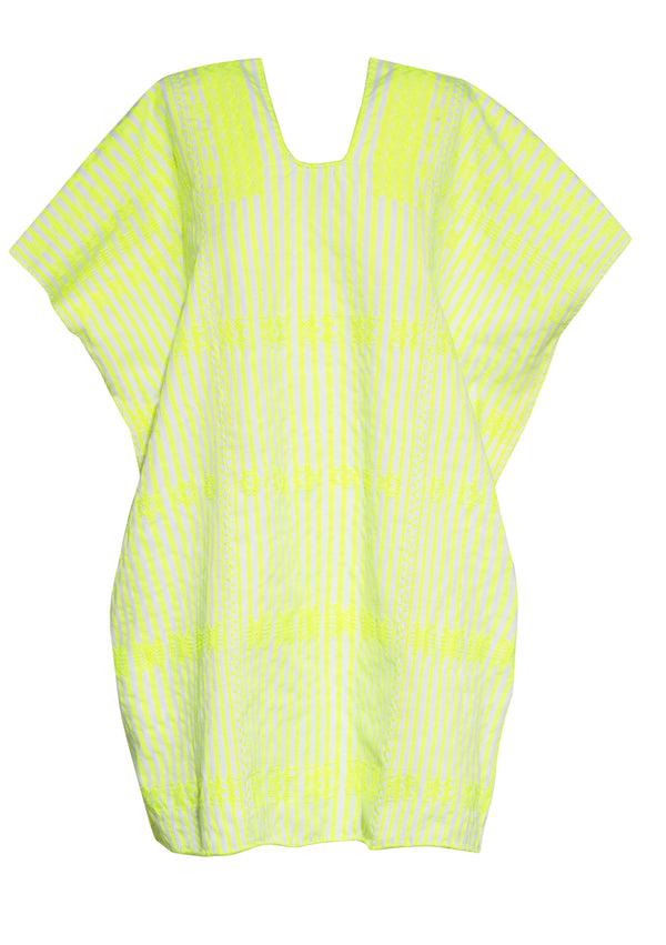 Pippa Holt Kaftan No.312 Three Panel Mini Kaftan In Neon Yellow And White Stripe With White Design