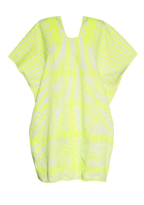 Pippa Holt Kaftan No.313 Three Panel 'supermini' Kaftan In Neon Yellow And White Stripe With Neon Yellow Design