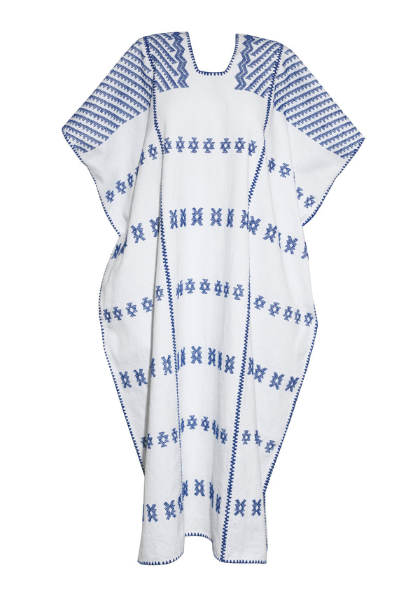 Pippa Holt Kaftan No.314 Three Panel Midi Kaftan In White With Blue Design