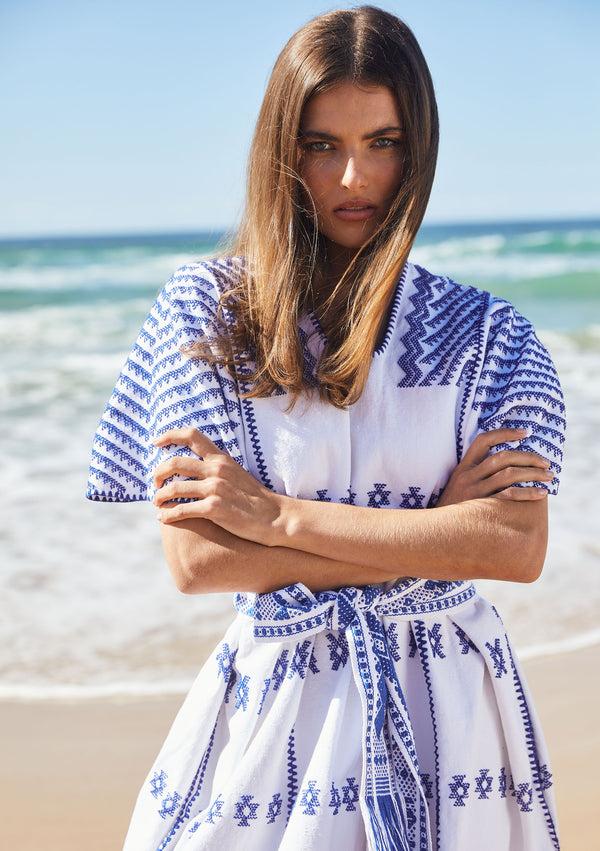 Pippa Holt Kaftan No.314 Three Panel Midi Kaftan In White With Blue Design