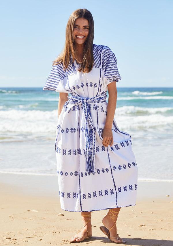 pippa holt Kaftan No.314 Three panel midi kaftan in white with blue design