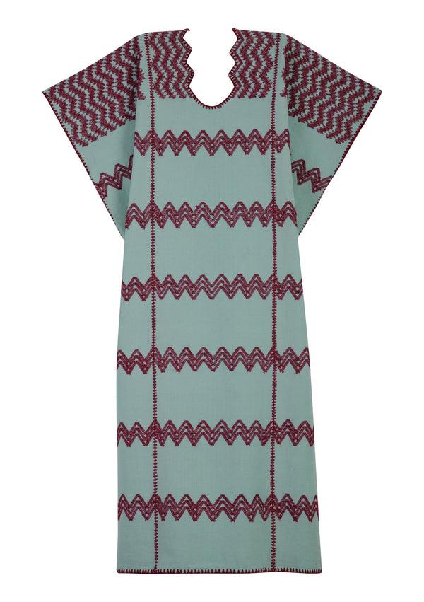 Pippa Holt Kaftan No.316 Three Panel Midi Kaftan In Mint Green With Burgundy Design