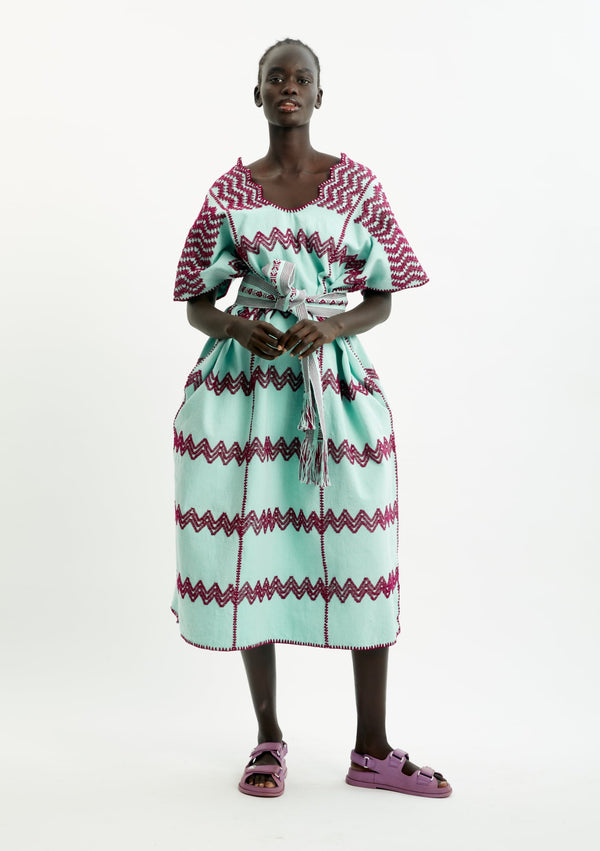 pippa holt Kaftan No.316 Three panel midi kaftan in mint green with burgundy design