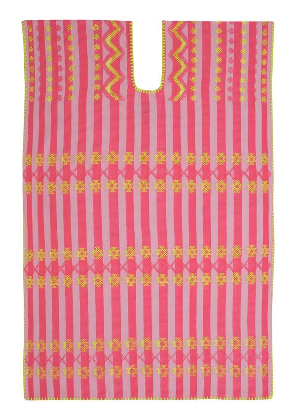 Pippa Holt Kaftan No.318 Single Panel Mini Kaftan In Pale Pink And Neon Pink Stripes With Yellow Motifs