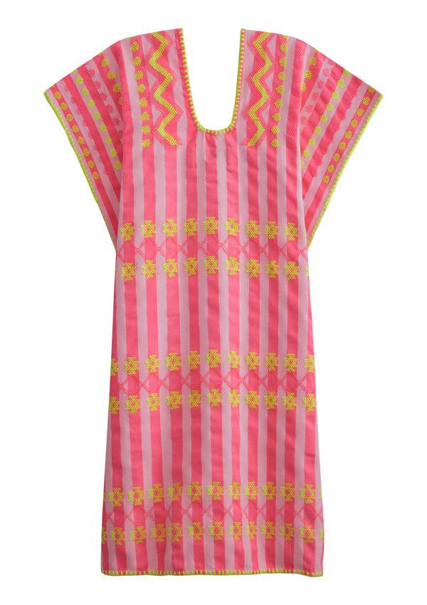Pippa Holt Kaftan No.318 Single Panel Mini Kaftan In Pale Pink And Neon Pink Stripes With Yellow Motifs