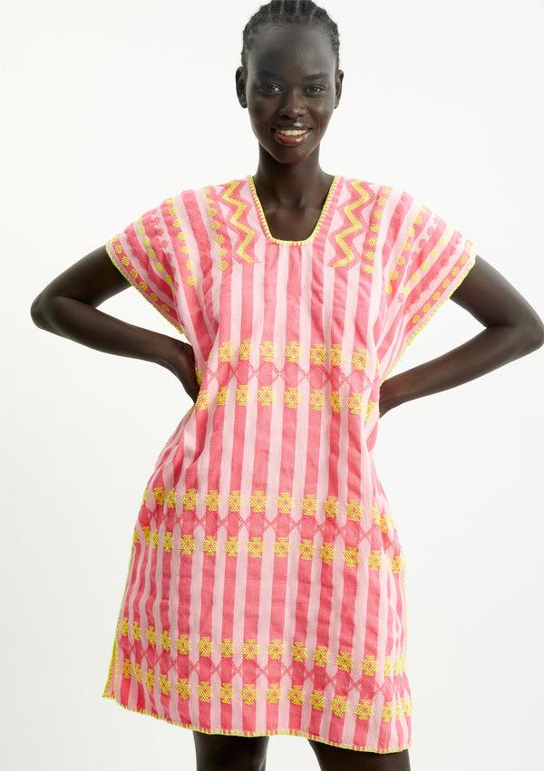 Pippa Holt Kaftan No.318 Single Panel Mini Kaftan In Pale Pink And Neon Pink Stripes With Yellow Motifs