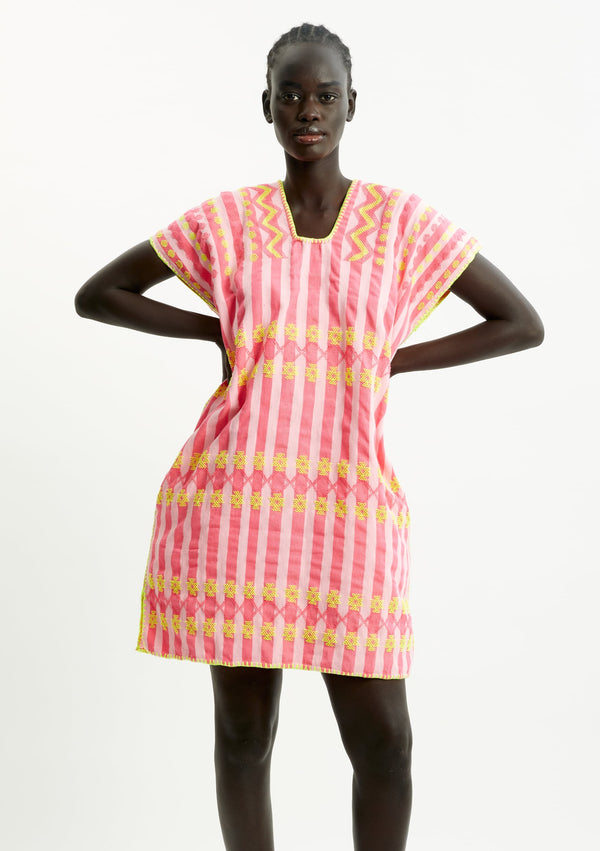 pippa holt Kaftan No.318 Single panel mini kaftan in pale pink and neon pink stripes with yellow motifs
