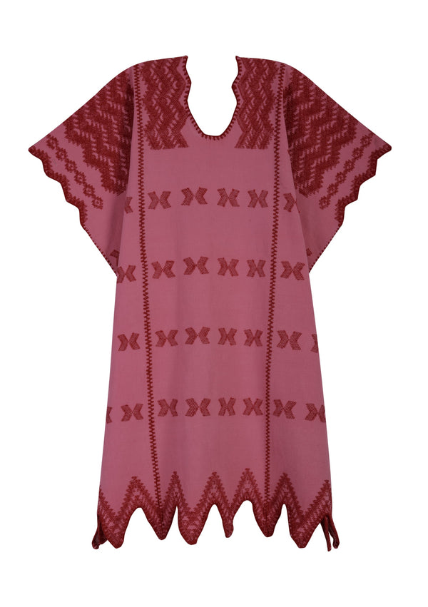 Pippa Holt Kaftan No.319 Three Panel Mini Kaftan In Watermelon Pink With Red Design And Zig Zag Hem