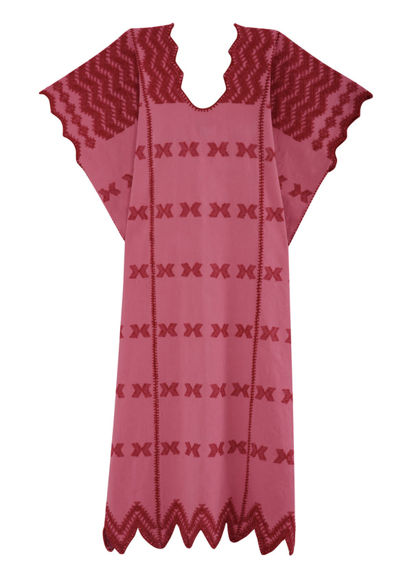 Pippa Holt Kaftan No.320 Three Panel Midi Kaftan In Watermelon Pink With Red Design And Zig Zag Hem