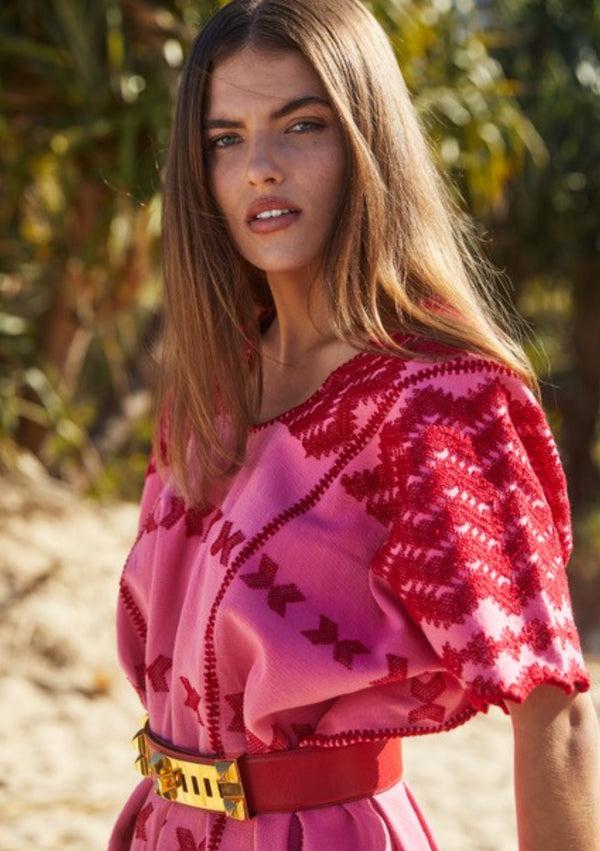 pippa holt Kaftan No.320 Three panel midi kaftan in watermelon pink with red design and zig zag hem