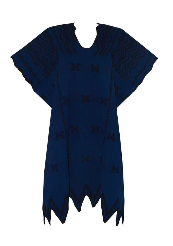 Pippa Holt Kaftan No.321 Three Panel Mini Kaftan In Navy With Black Design And Zig Zag Hem
