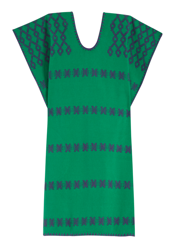 Pippa Holt Kaftan No.324 Single Panel Mini Kaftan In Green With Purple Design