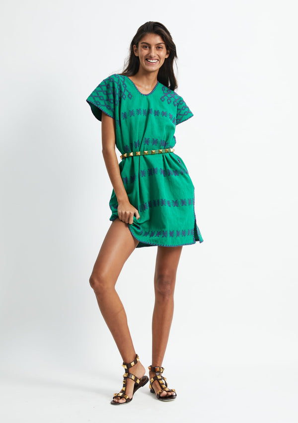 pippa holt Kaftan No.324 Single panel mini kaftan in green with purple design