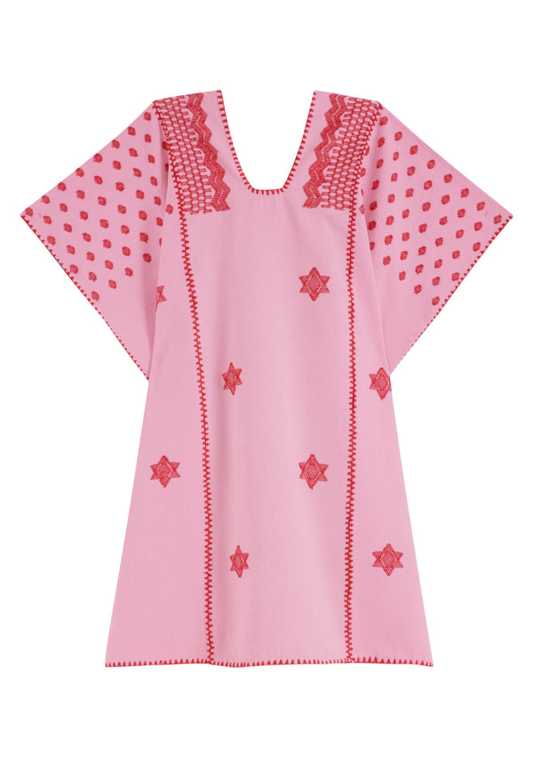 Pippa Holt Kaftan No.325 Three Panel Mini Kaftan In Pink With Red Star Design