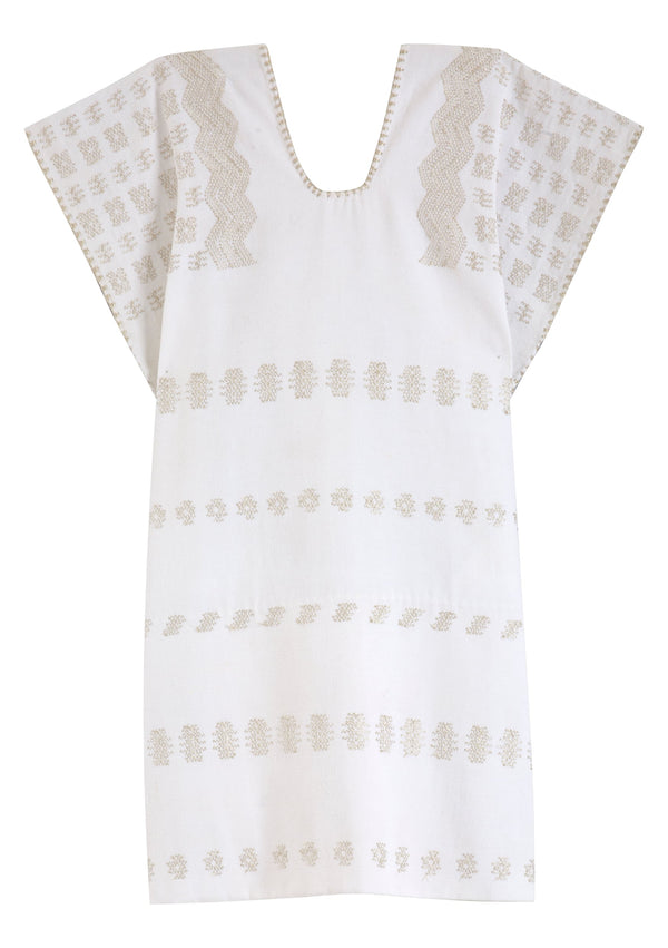 Pippa Holt Kaftan No.326 Single Panel Mini Kaftan In White With Silver Metallic Design