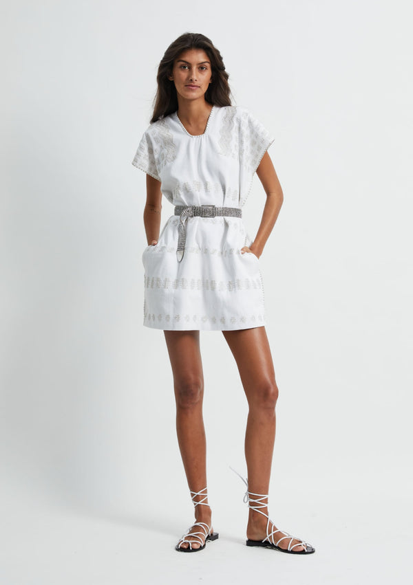 pippa holt Kaftan No.326 Single panel mini kaftan in white with silver metallic design