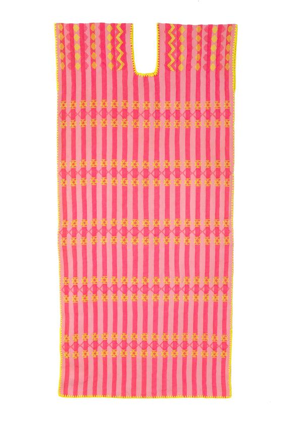 Pippa Holt Kaftan No.329 Single Panel Midi Kaftan In Pale Pink And Neon Pink With Yellow Motifs