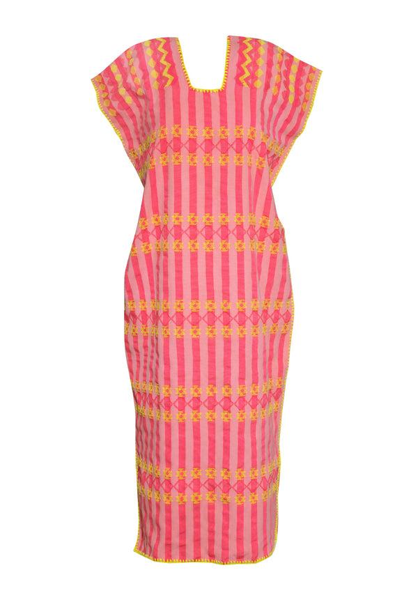 pippa holt Kaftan No.329 Single panel midi kaftan in pale pink and neon pink with yellow motifs