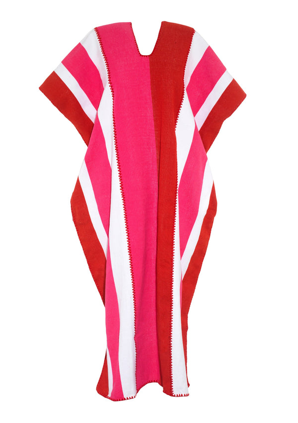 Pippa Holt Kaftan No.330 Three Panel Midi Kaftan In Red With White And Fuchsia Stripes Design