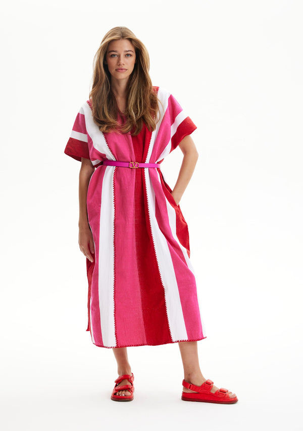 pippa holt Kaftan No.330 Three panel midi kaftan in red with white and fuchsia stripes design