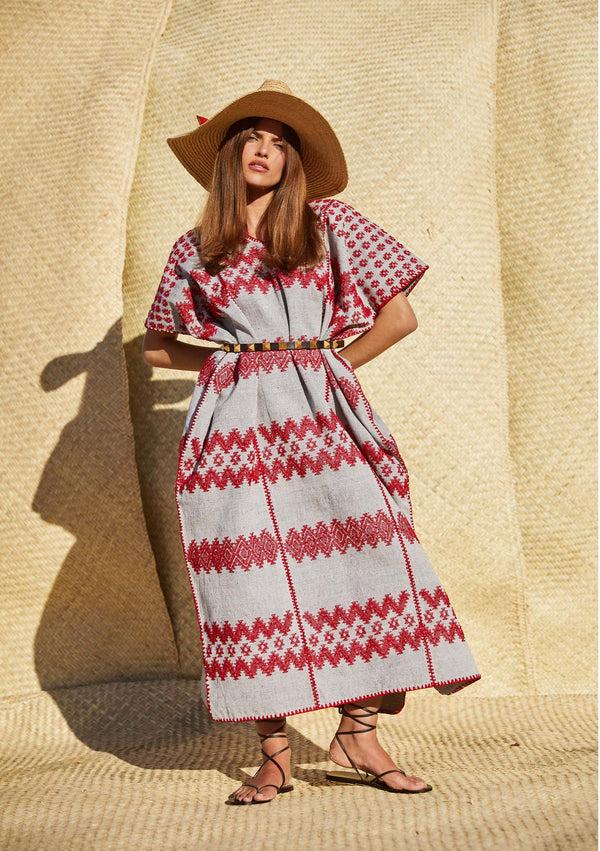 pippa holt Kaftan No.333 Three panel midi kaftan in cloud grey with red design