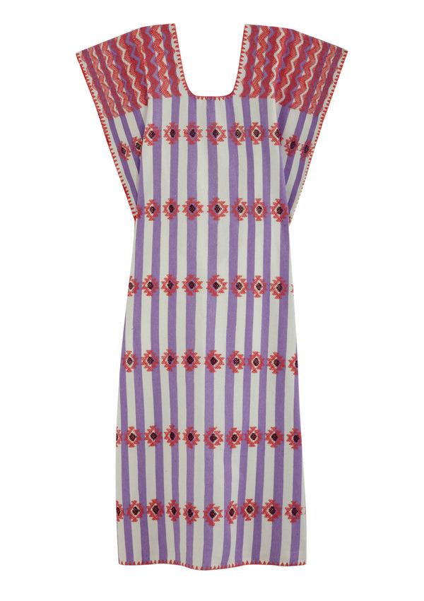 Pippa Holt Kaftan No.336 Single Panel Midi Kaftan In Lilac And White Stripe With Pink Design