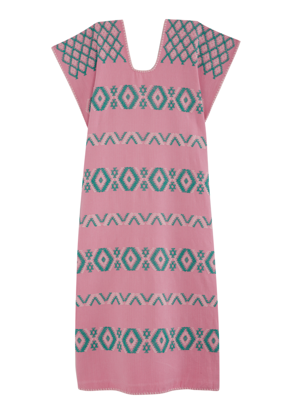 Pippa Holt Kaftan No.337 Single Panel Midi Kaftan In Pink With Green Design