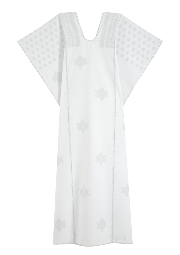 Pippa Holt Kaftan No.338 Three Panel Midi Kaftan In White With Silver Metallic Star Design