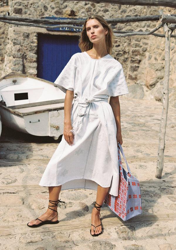 pippa holt Kaftan No.338 Three panel midi kaftan in white with silver metallic star design