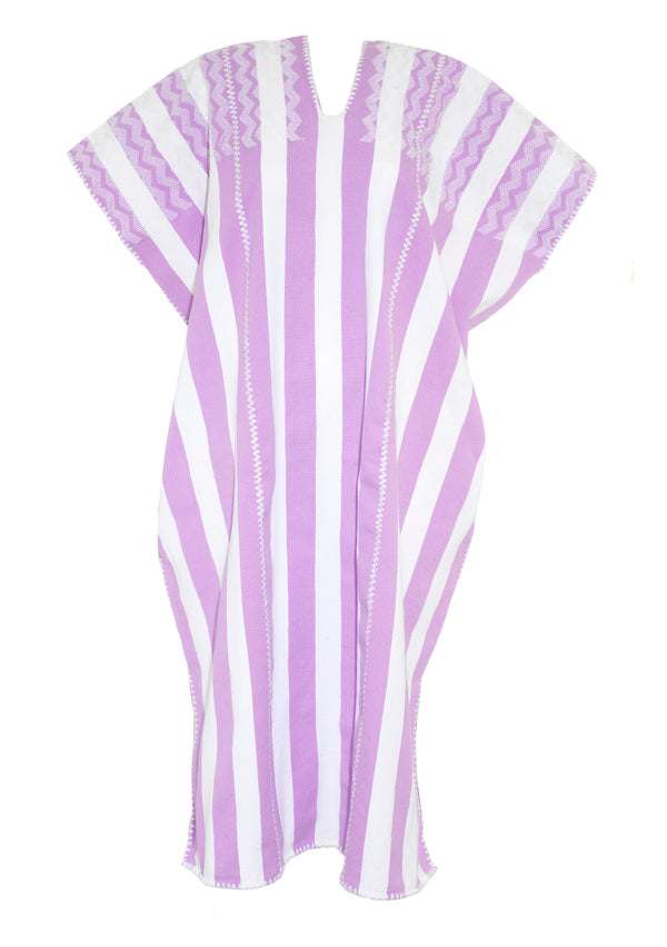 Pippa Holt Kaftan No.342 Three Panel Midi Kaftan In Lilac And White Stripes With White Motif Design