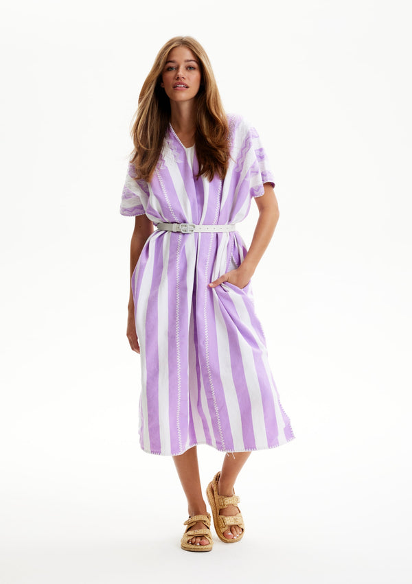 pippa holt Kaftan No.342 Three panel midi kaftan in lilac and white stripes with white motif design