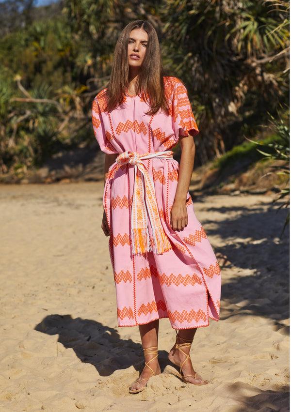 pippa holt Kaftan No.345 Three panel midi kaftan in pink with orange zig zag design