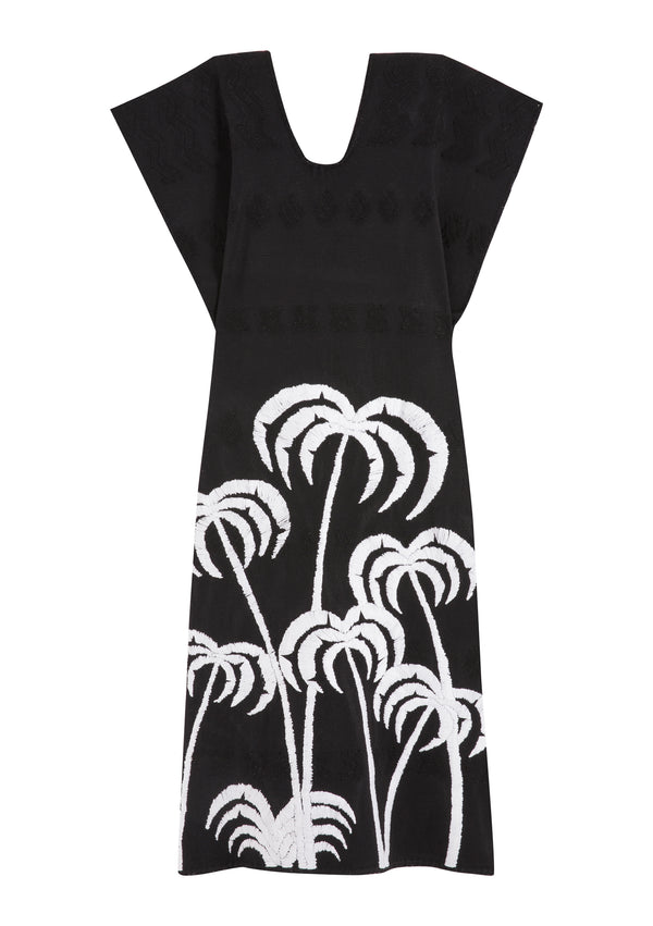 Pippa Holt Kaftan No.346 Single Panel Midi Kaftan In Black With Embroidered White Palm Tree