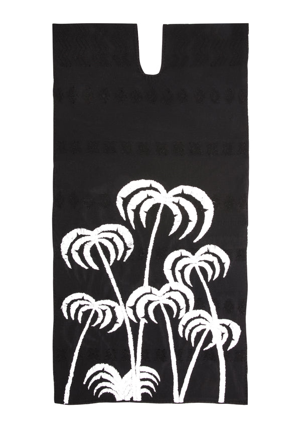 pippa holt Kaftan No.346 Single panel midi kaftan in black with embroidered white palm tree