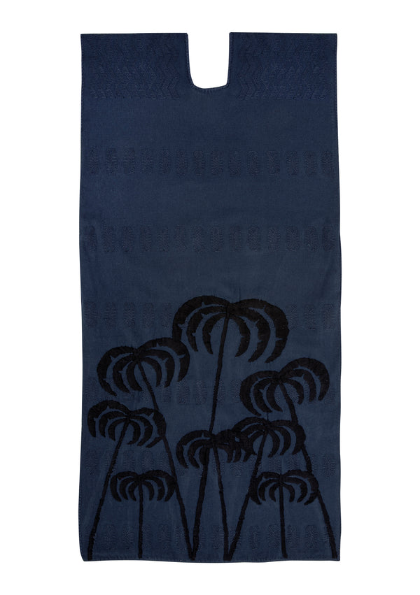 Pippa Holt Kaftan No.347 Single Panel Midi Kaftan In Navy With Embroidered Black Palm Tree