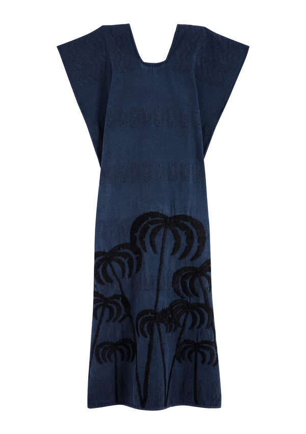 pippa holt Kaftan No.347 Single panel midi kaftan in navy with embroidered black palm tree