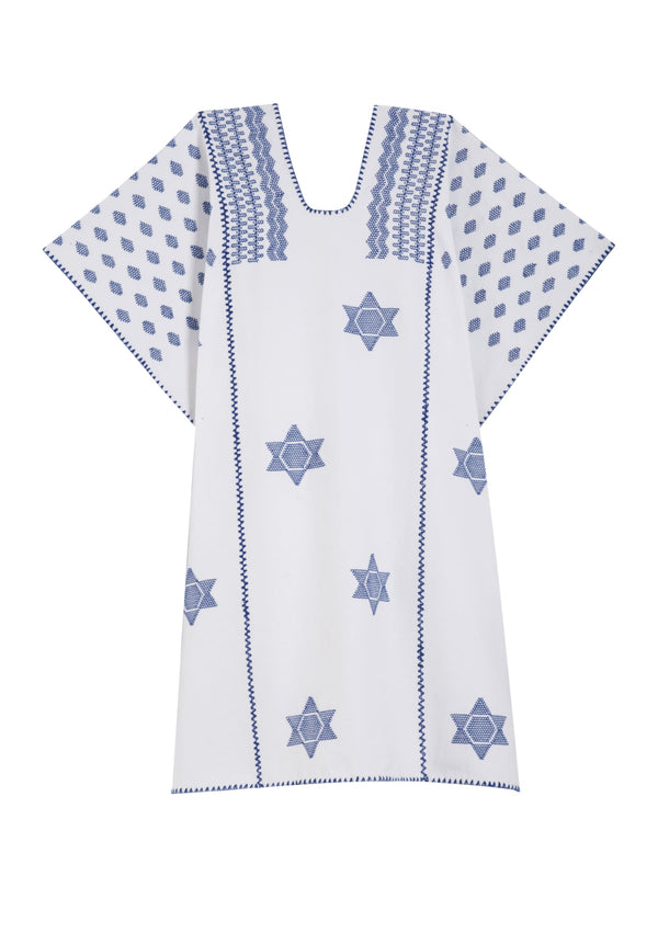 Pippa Holt Kaftan No.349 Three Panel Mini Kaftan In White With Blue Star Design