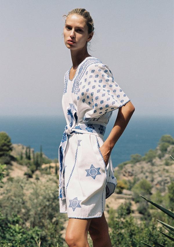pippa holt Kaftan No.349 Three panel mini kaftan in white with blue star design