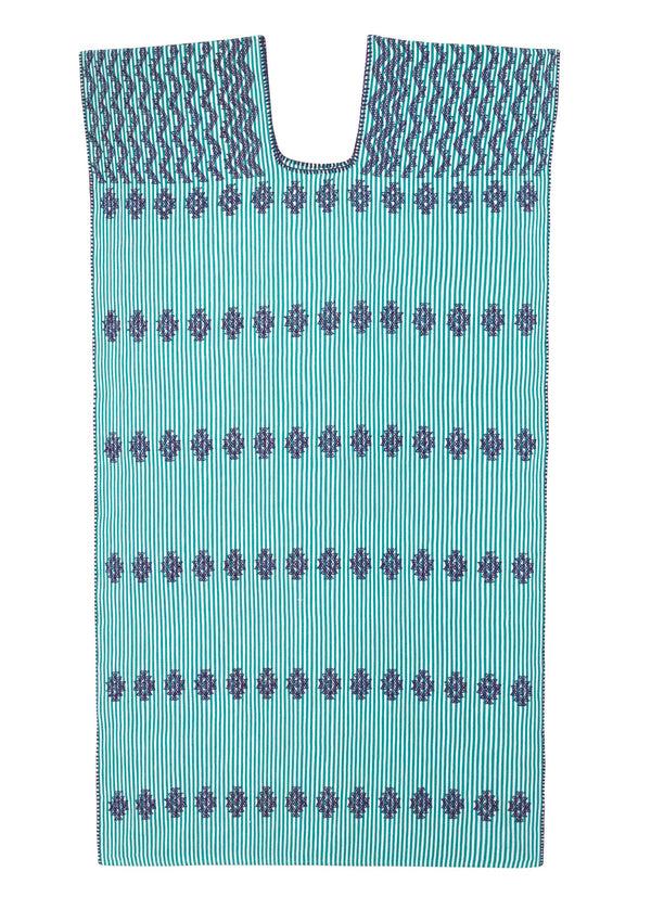 Pippa Holt Kaftan No.35 Single Panel Midi Kaftan In Aqua And White Stripe With Navy Design