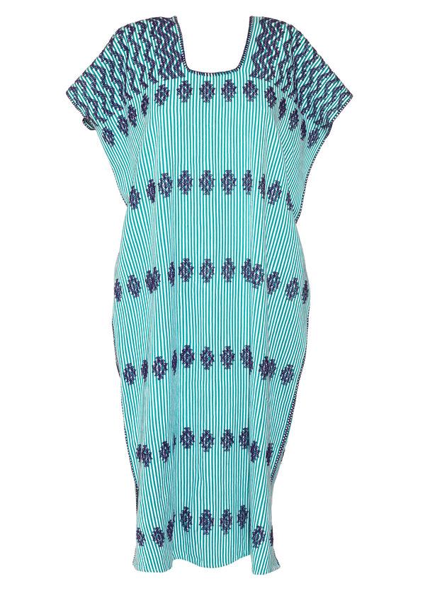 Pippa Holt Kaftan No.35 Single Panel Midi Kaftan In Aqua And White Stripe With Navy Design